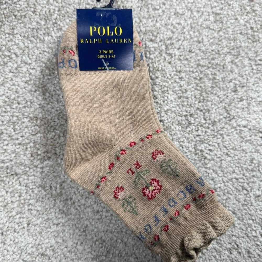 Polo Ralph Lauren Girls 3-Pack Crew Socks 2-4T Floral Fair Isle Alphabet NWT